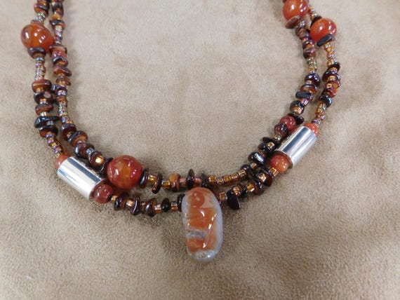 Silver, Carnelian, and Glass Bead Necklace and Ea… - image 3