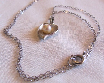Sterling Silver and Pearl Heart Necklace +