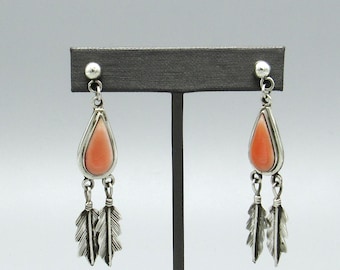 Vintage Sterling Silver Coral Feather Dangle Drop Earrings