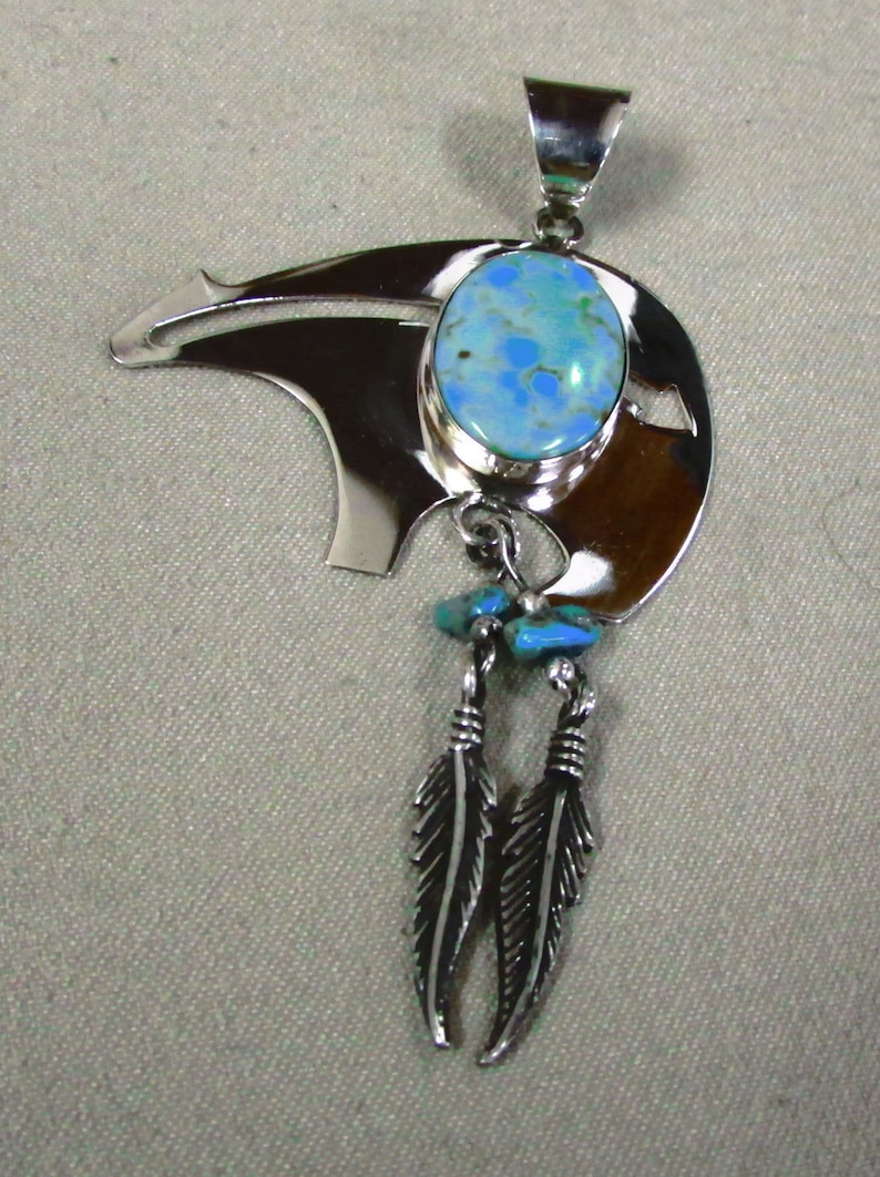 Sterling Silver and Turquoise Bear Fetish Pendant with Dangling Feathers