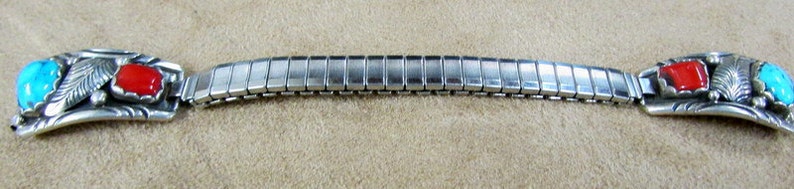 Navajo Sterling Silver Coral and Turquoise Ladies Watchband