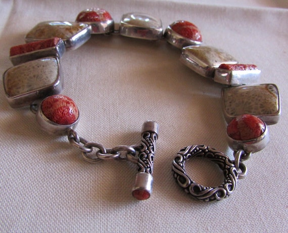 Sterling Silver, Apple Coral and Fossil Coral Lin… - image 1