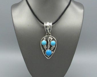 Sterling Silver and Block Turquoise Saguaro Pendant on Cord Necklace