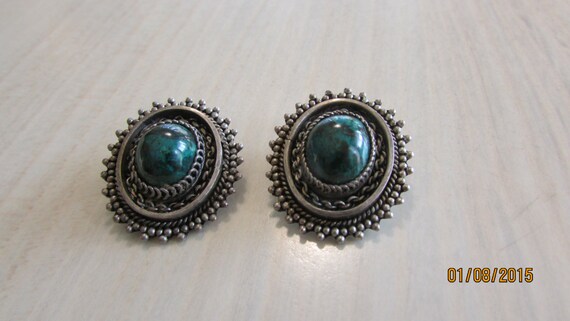 Sterling Silver and Green Stone Clip Earrings