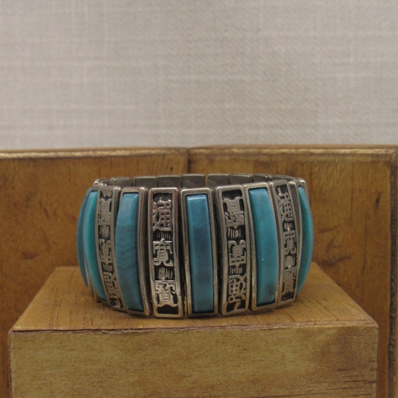 Silvertone and Faux Turquoise Expansion Bracelet + - image 1