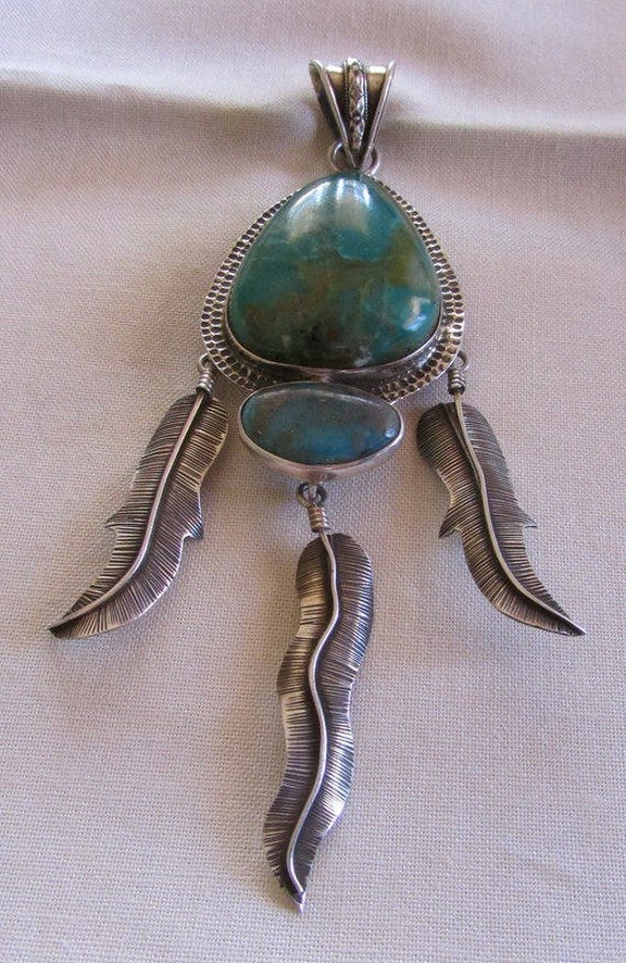 Sterling Silver and Turquoise Large Pendant with … - image 3