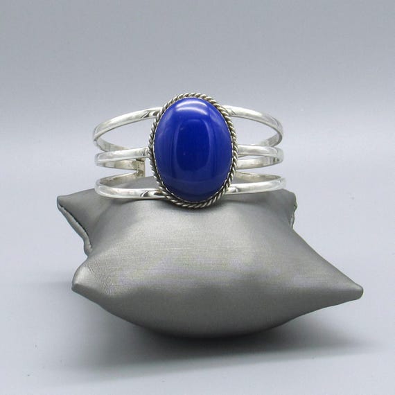 Sterling Silver Split Shank Bright Block Lapis Cu… - image 1