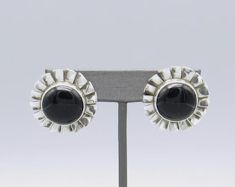 Vintage Sterling Silver Round Black Onyx Stud Earrings