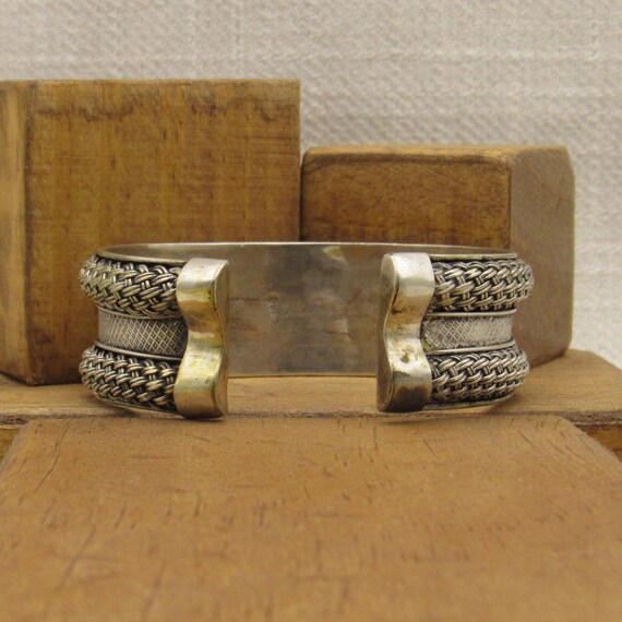 Sterling Silver Cuff Bracelet with Two Rows of Wo… - image 4