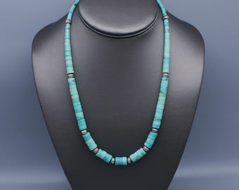 20"  Vintage Graduated Turquoise and Silver Bead Heishi Necklace with Hook Clasp