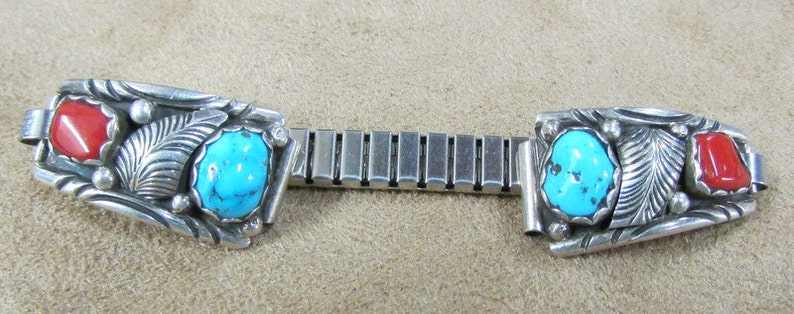 Navajo Sterling Silver Coral and Turquoise Ladies Watchband