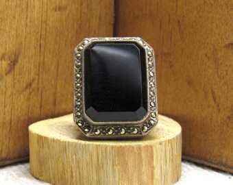 Sterling Silver and Marcasite Rectangular Ring  Size 6 +