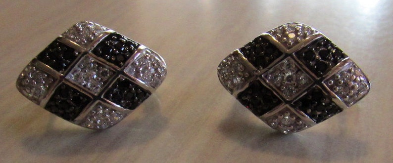 Sterling Silver Post Earrings with Black and Clear Faceted Stones