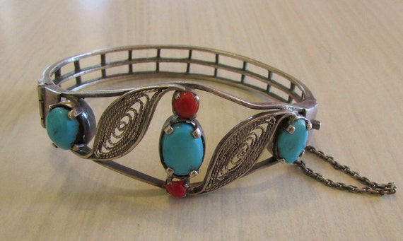 Sterling Silver and Turquoise Hinged Bracelet + - image 1