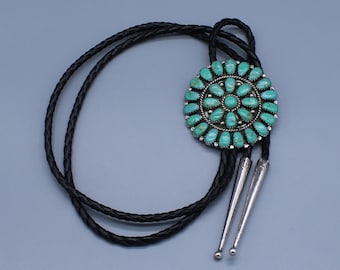 Vintage LW Oxidized Sterling Silver Turquoise Cluster Bolo Tie