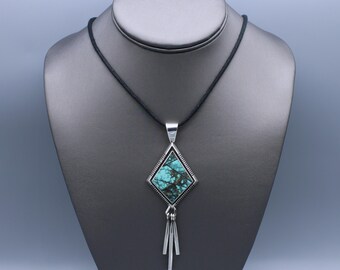 Aaron Toadlena Native American Sterling Silver Turquoise Inlay Pendant Necklace