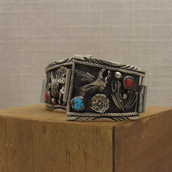 Navajo Style Sterling Silver Coral and Turquoise … - image 3