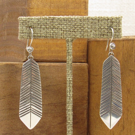 Sterling Silver Wire Dangle Feather Earrings + - image 1