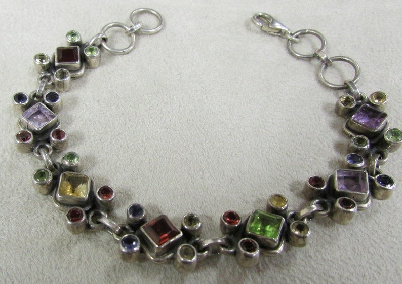 Sterling Silver Link Bracelet with Faceted Stones