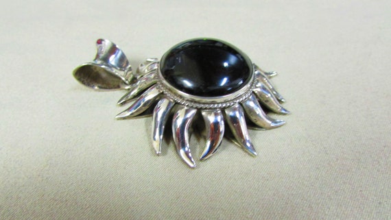 Bold Sterling Silver and Black Onyx Sun Pendant + - image 2