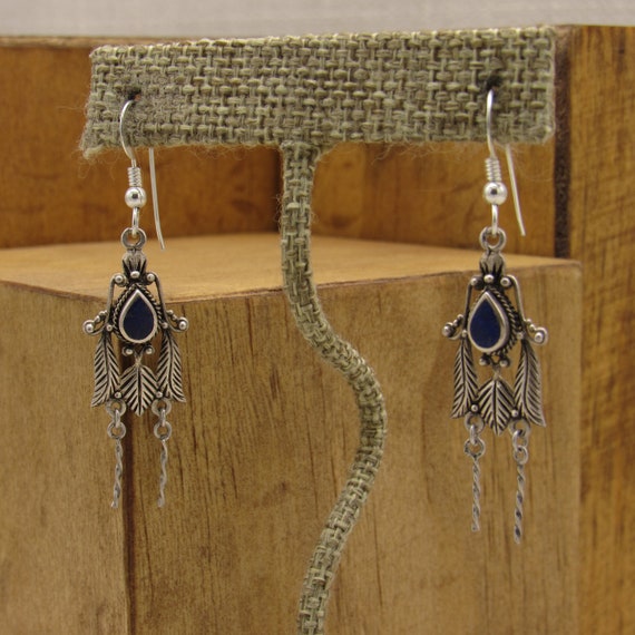 Sterling Silver and Lapis Dangle Wire Earrings + - image 3