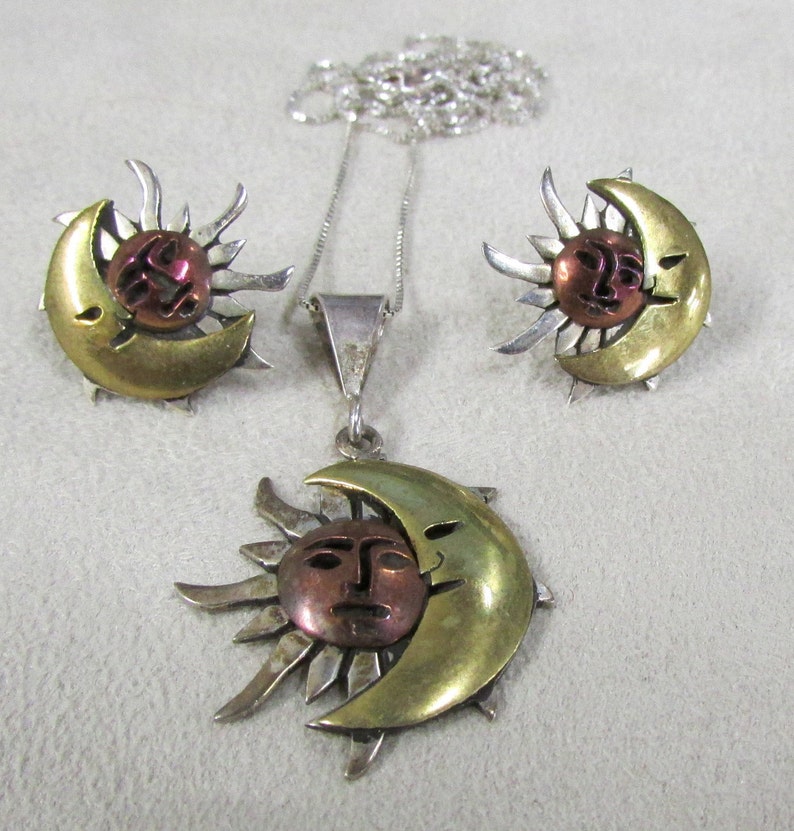 Copper and Brass Sun and Moon Necklace /& Earring Set Sterling Silver