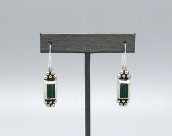 Vintage Sterling Silver Block Malachite Dangle Drop Earrings