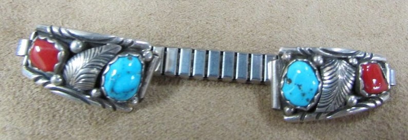 Navajo Sterling Silver Coral and Turquoise Ladies Watchband
