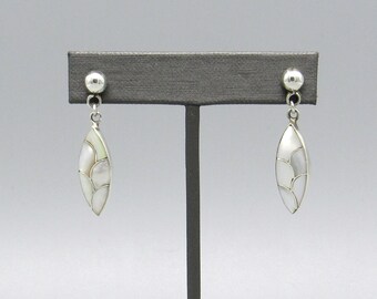 Vintage Sterling Silver Mother-of-Pearl Inlay Dangle Drop Earrings