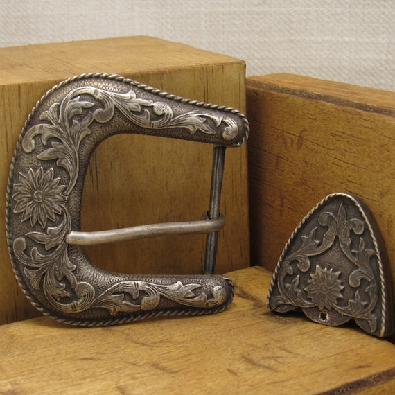 Large Sterling Silver Floral Design Buckle Set st… - image 2
