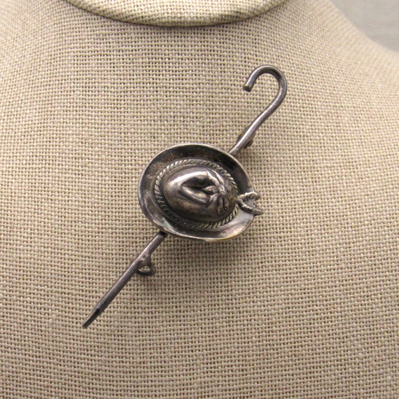 Unique Sterling Silver Hat and Cane Vintage Brooc… - image 1