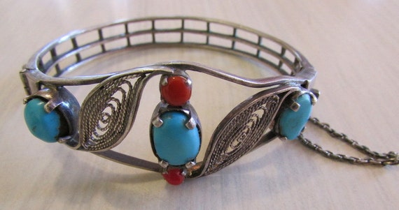 Sterling Silver and Turquoise Hinged Bracelet + - image 2