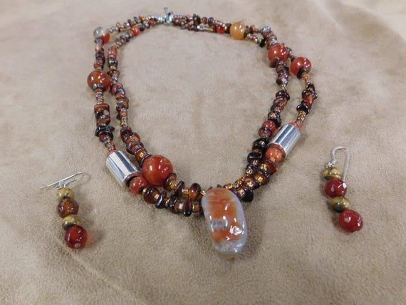 Silver, Carnelian, and Glass Bead Necklace and Ea… - image 4