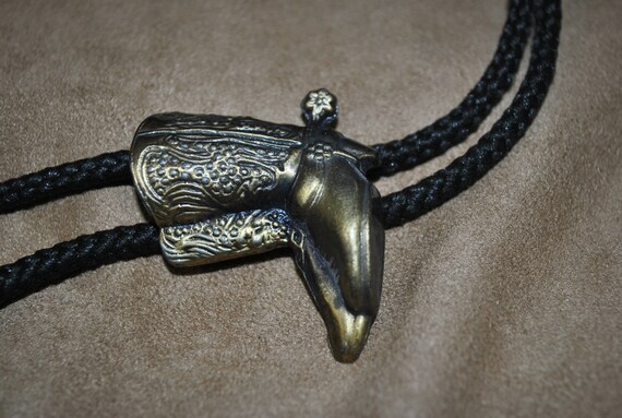 Brass Cowboy Boots Bolo on Black Cloth Cord + - image 3