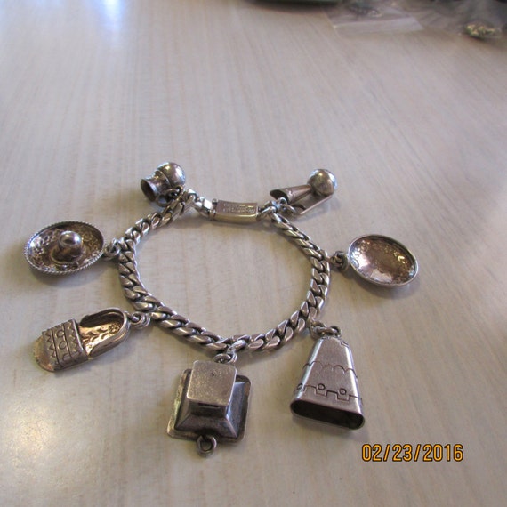 Large Mexico Sterling Silver Charm Bracelet RO51 + - image 1