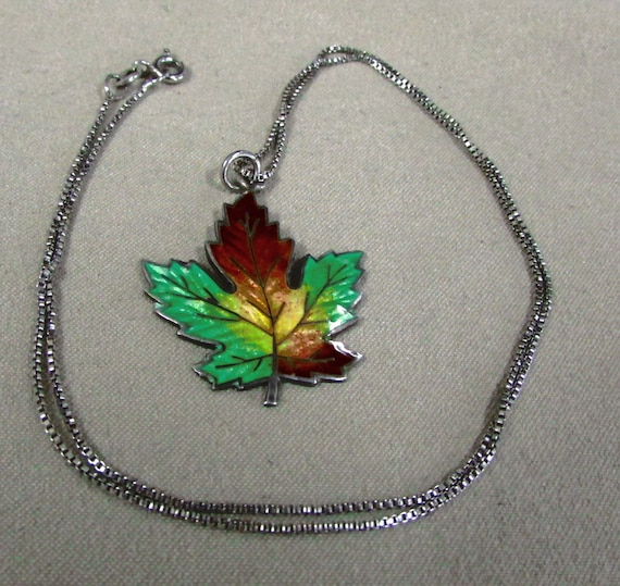 Sterling Silver and Enamel Maple Leaf Necklace + - image 1