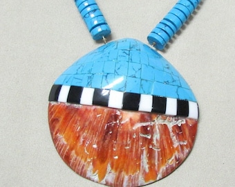 Large Spiny Oyster Shell Pendant with Block Turquoise Overlay and Tapered Heshi Necklace +