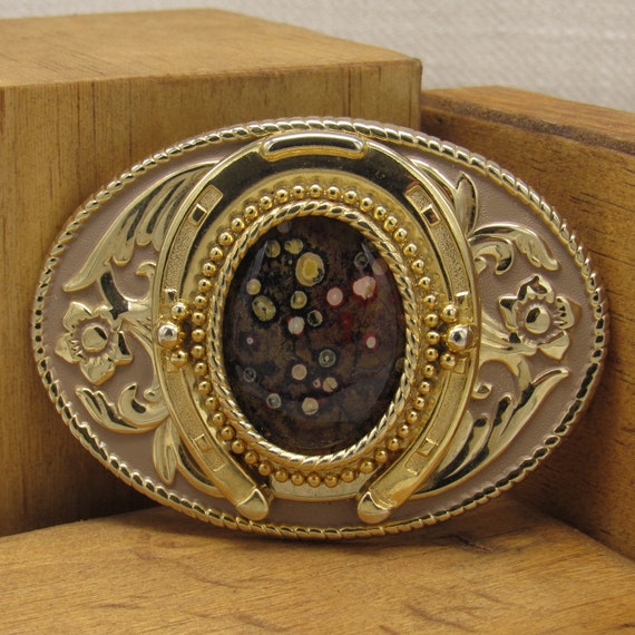 Rare Find Gold & Black Oval Floral Design Shaped Oval Green Stone Belt Buckle Belt Buckle Cowboy Accessory Lily of the Valley in Green  main image 4