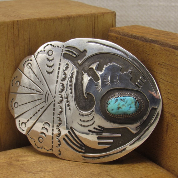 Navajo Sterling Silver and Turquoise Oval Belt Bu… - image 3