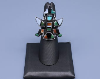 Sterling Silver Multi-Stone Inlay Winged Kachina Ring Size 5.25