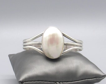 Sterling Silver Cuff Bracelet With Large Mother-of-Pearl Stone