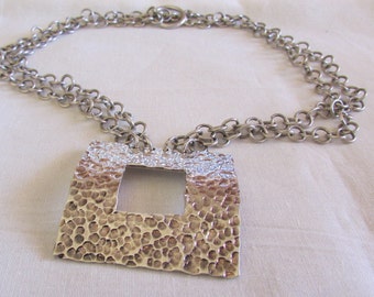 Sterling Silver Square Pendant Necklace with Hammered Look