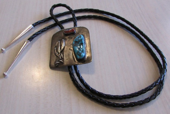 Sterling Silver Coral and Turquoise with Saguaro Cactus Design +