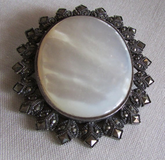 Sterling Silver, Mother of Pearl and Marcasite Pin