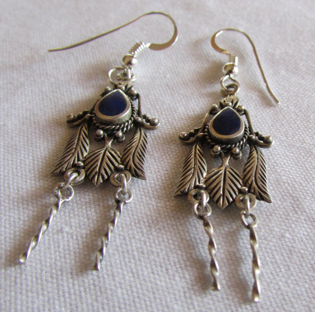 Sterling Silver and Lapis Dangle Wire Earrings - Etsy