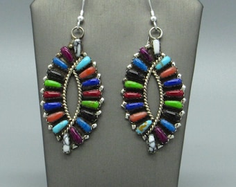 Vintage Sterling Silver Block Multi-stone Wire Earrings