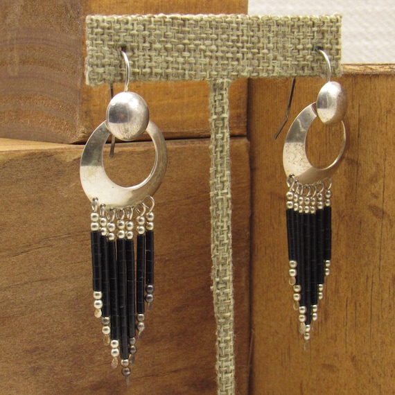 Sterling Silver and Black Heshi Dangle Hook Earri… - image 2