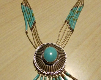 Sterling Liquid Silver Concho Necklace with Faux Turquoise +