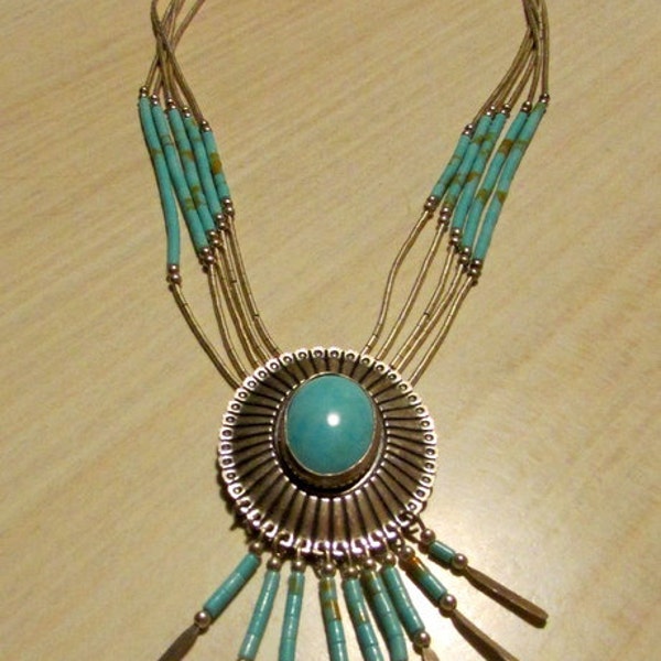 Sterling Liquid Silver Concho Necklace with Faux Turquoise +