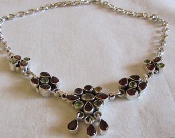 Sterling Silver Garnet, Citrine, Amethyst and Peridot Necklace +